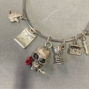 Hand Crafted Silver Skull Charm Bracelet with Red Rose